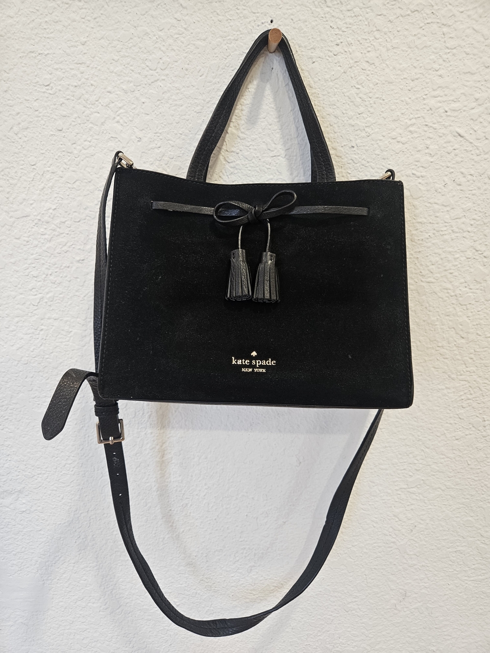 Kate Spade Black Suede Leather Hayes Small Satchel Tassel Bow Handbag